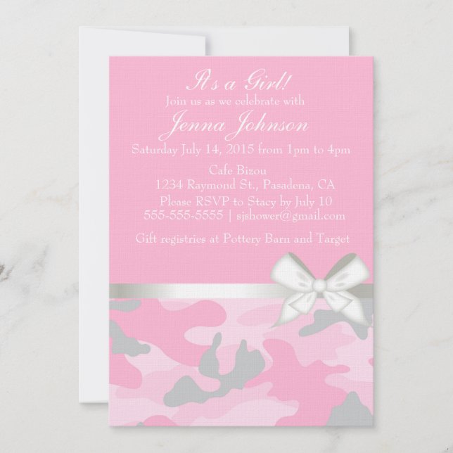Invitation rose de douche de bébé de Camo (Devant)
