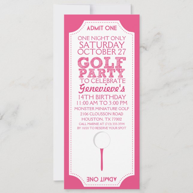 Invitation rose de fête d'anniversaire de golf de (Devant)