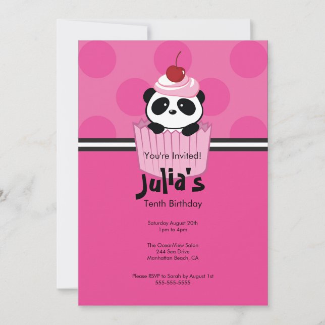 Invitation rose de fête d'anniversaire de panda de (Devant)