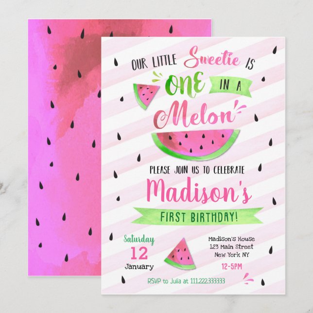 Invitation rose de fête d'anniversaire de pastèque (Devant / Derrière)