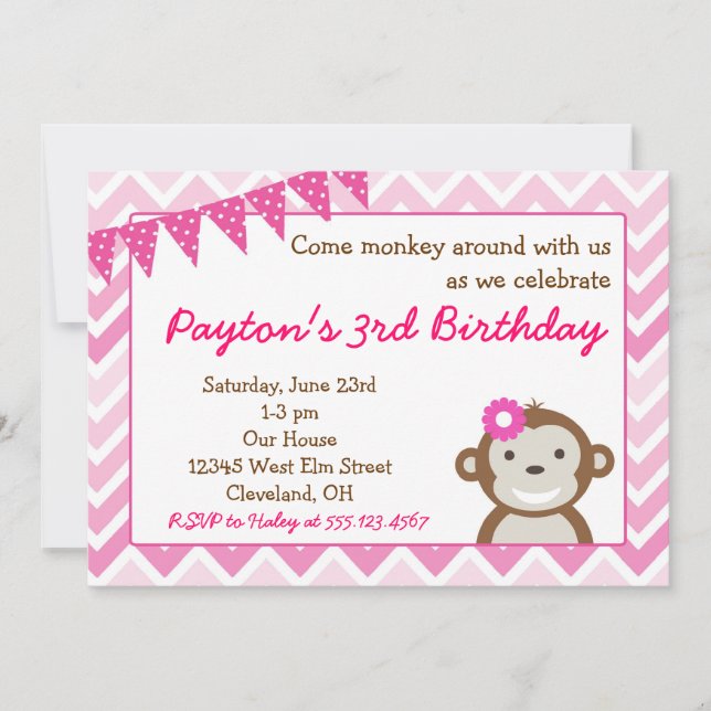 Invitation rose de fête d'anniversaire de singe de (Devant)