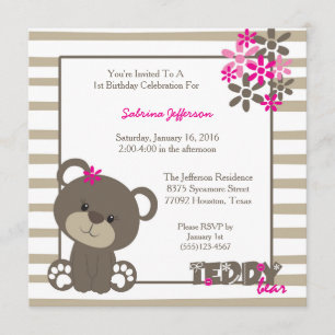 invitation rose de fête d'anniversaire d'ours de