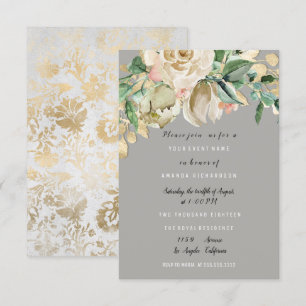 Invitation Rose de fête d'anniversaire Paint Floral Grey