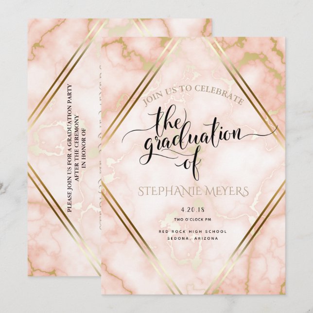 Invitation Rose de la fête de graduation Gold Marble (Devant / Derrière)