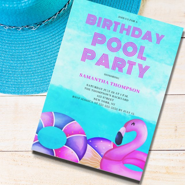 Invitation rose de la fête de la piscine d'anniver (Créateur téléchargé)