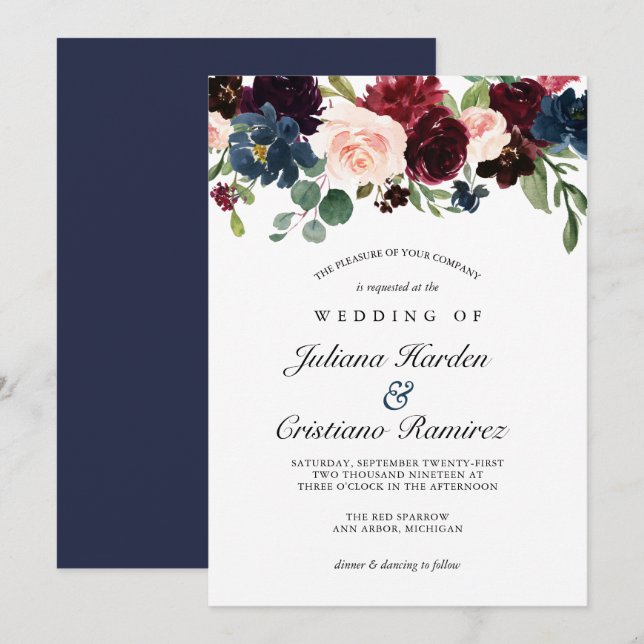 Invitation Rose de la marine Bourgogne Mariage floral (Devant / Derrière)