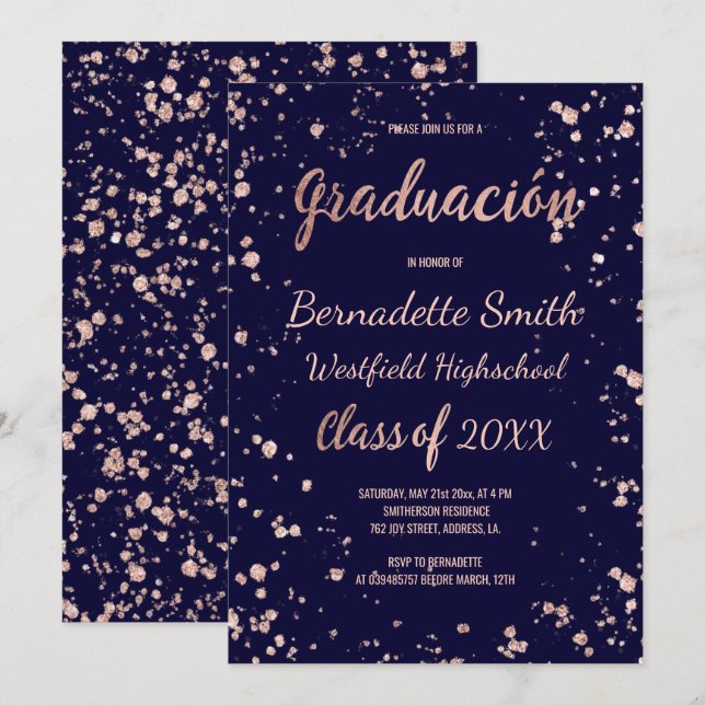 Invitation Rose de la marine de l'or confetti diplôme espagno (Devant / Derrière)