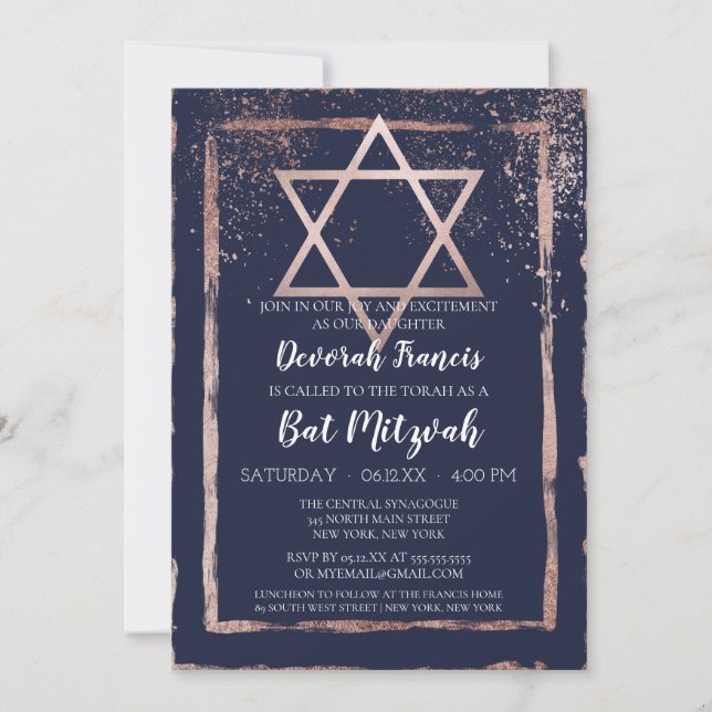 Invitation Rose de la marine Gold Confetti Brushstroke Bat mi (Devant)