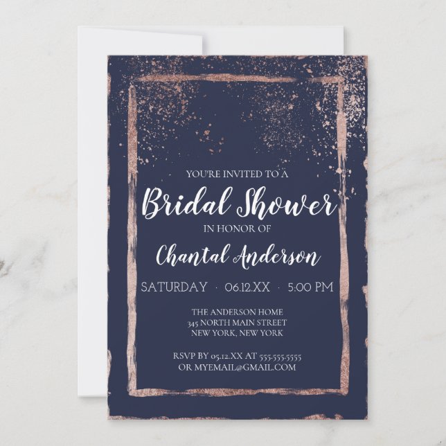 Invitation Rose de la marine Gold Confetti Brushstroke Fête d (Devant)