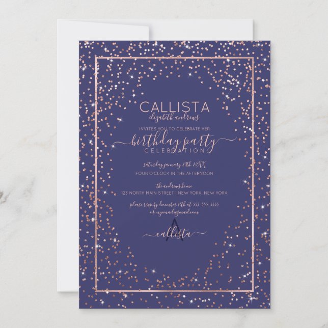 Invitation Rose de la Marine Parties scintillant or Confetti  (Devant)