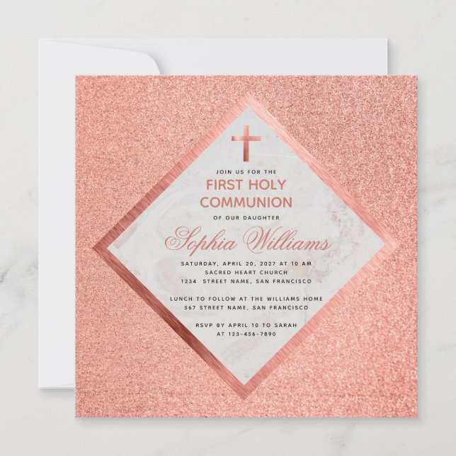 Invitation Rose de la première communion fille en or marbre r (Devant)