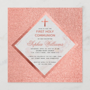 Invitation Rose de la première communion fille en or marbre r