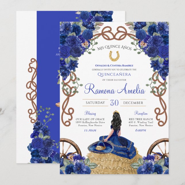 Invitation Rose de la Royal Blue Navy Charra Western Quinceañ (Devant / Derrière)