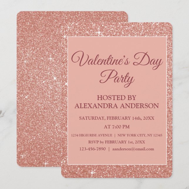 Invitation Rose de la Saint Valentin Gold Sparkle & Parties s (Devant / Derrière)