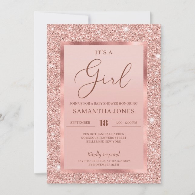 Invitation Rose de lamout flitter c'est un baby shower fille (Devant)