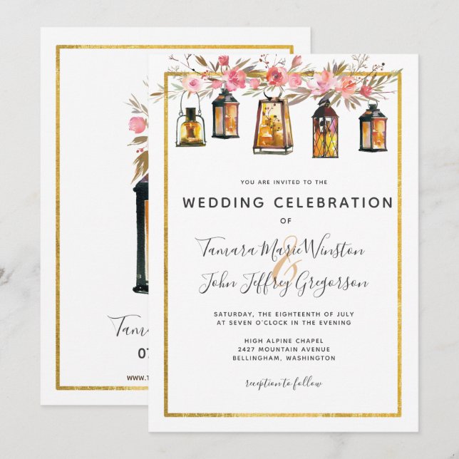 Invitation Rose de Lanternes Chic Rustique Mariage Floral Or (Devant / Derrière)