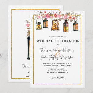 Invitation Rose de Lanternes Chic Rustique Mariage Floral Or