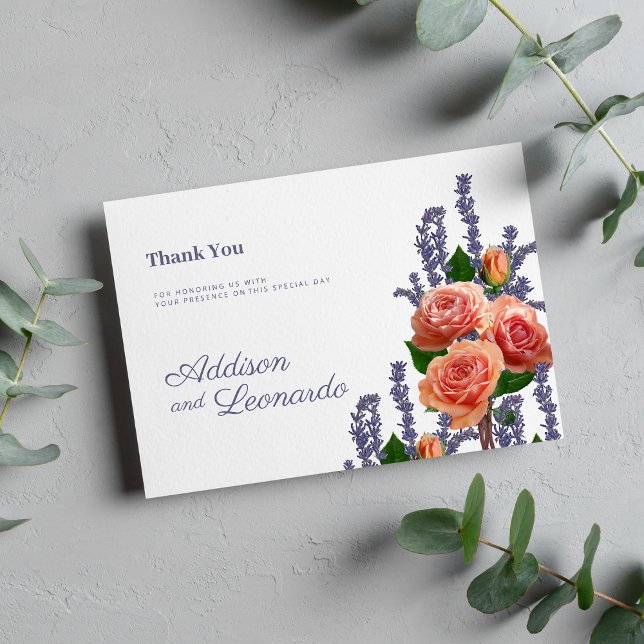 Invitation Rose de lavande botanique  fleurs Merci (Botanic lavender peach rose flowers Thank You)