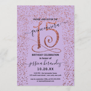Invitation Rose de lavande Gold Confetti Frontière Quinceañer