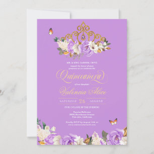 Invitation Rose de lavande Or Tiara Butterfly Quinceanera