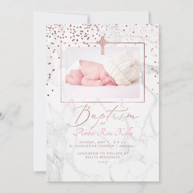 Invitation Rose de marbre Gold Croix celtique+Confetti Baptêm (Devant)