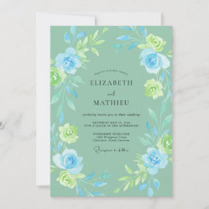 Invitation Rose de mariage bleu ciel écume de mer