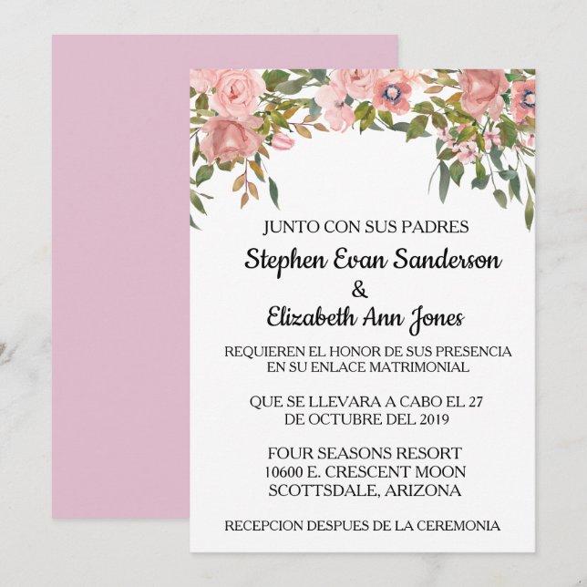 Invitation Rose de mariage espagnole rose Rosa Blush Aquarell (Devant / Derrière)