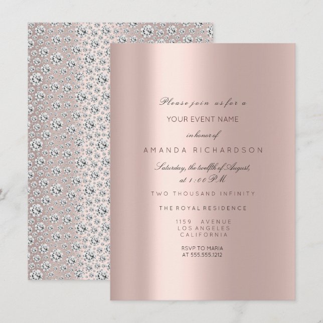 Invitation Rose de mariage Rose pastel 16e diamant (Devant / Derrière)