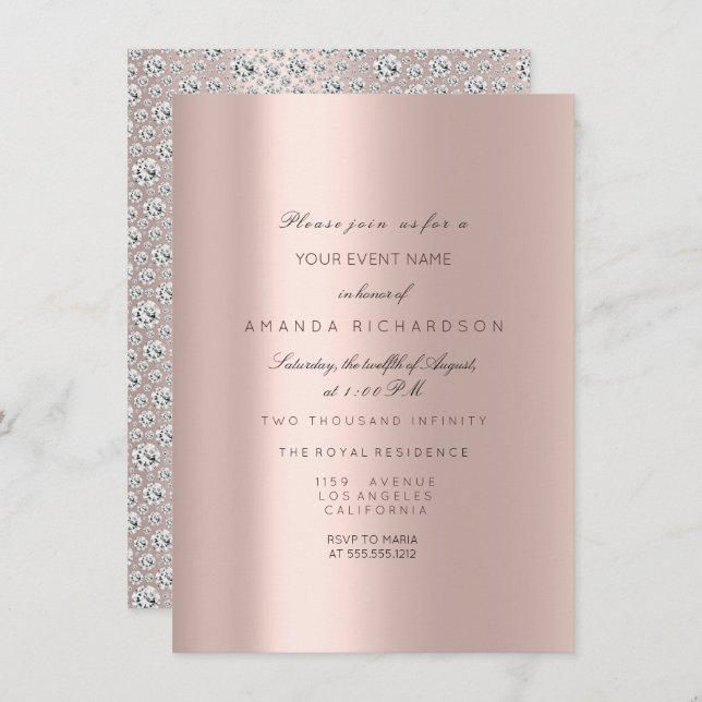 Invitation Rose de mariée 16ème douce Rose pastel rose diaman (Devant / Derrière)