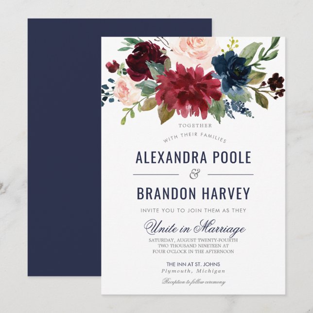 Invitation Rose de marine Bourgogne Mariage floral moderne (Devant / Derrière)