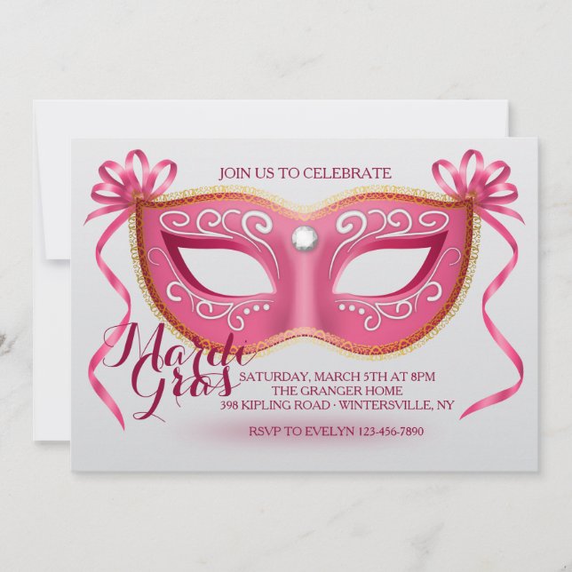 Invitation rose de masque de mardi gras (Devant)