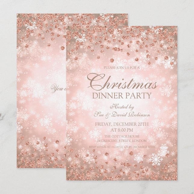 Invitation Rose de Noël Parties scintillant d'or Hiver Mervei (Devant / Derrière)