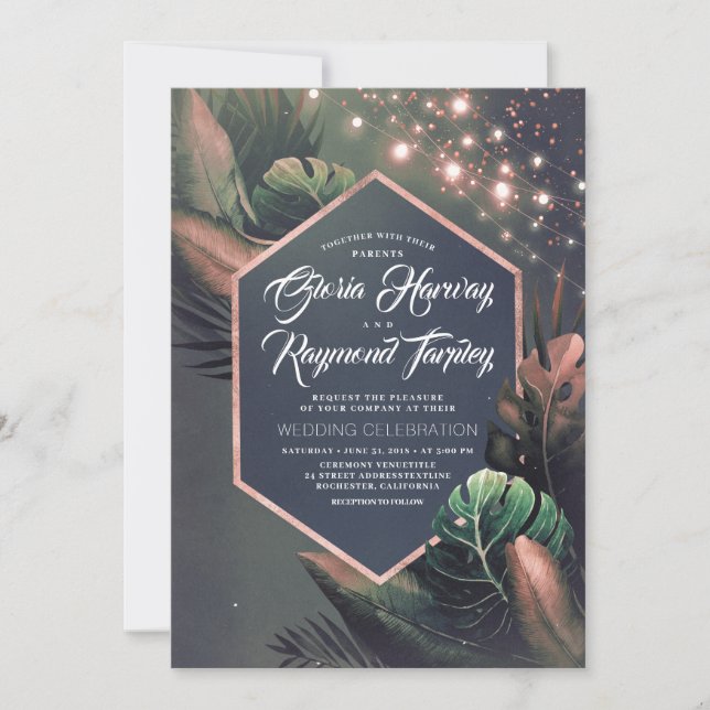 Invitation Rose de nuit Tropical Gold Palms Mariage (Devant)