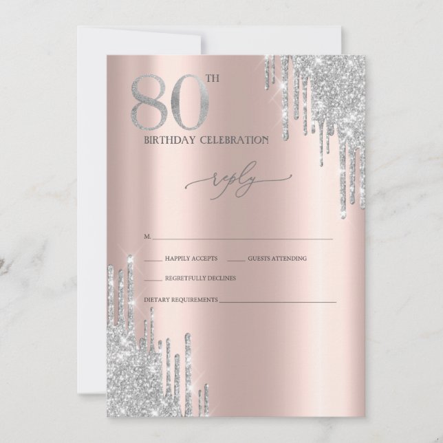 Invitation Rose de Parties scintillant d'argent Or 80e annive (Devant)