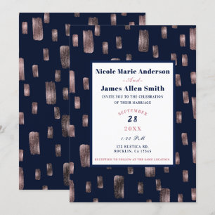 Invitation Rose de pinceau moderne or & Mariage bleu marine