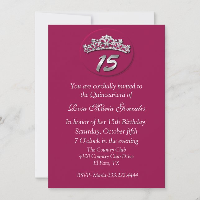 Invitation rose de Quinceañera de diadème (Devant)