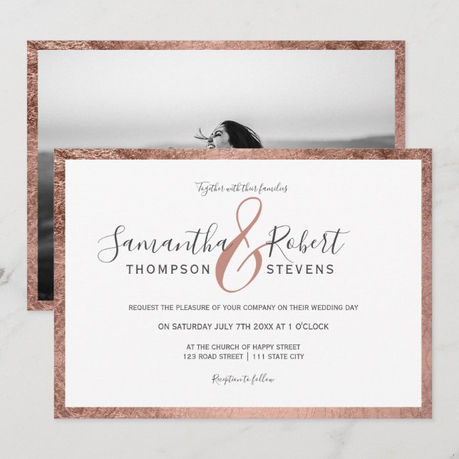 Invitation Rose de script bordure en or blanc photo mariage (Devant / Derrière)
