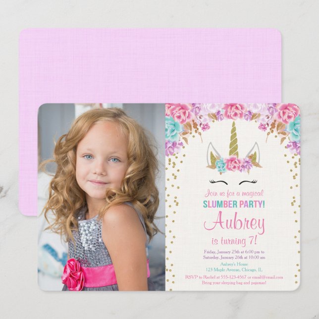 Invitation Rose de soirée pyjamas de licorne et anniversaire (Devant / Derrière)