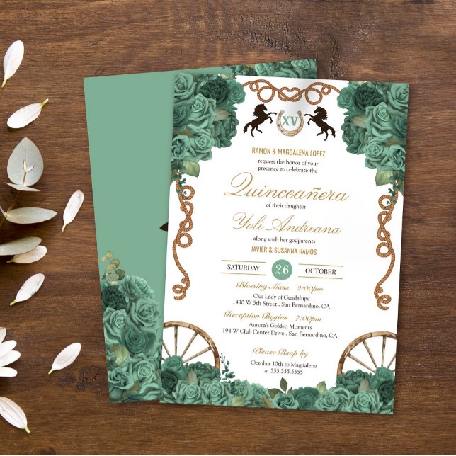 Invitation Rose de taille verte à la menthe Charro Quinceaner (Créateur téléchargé)