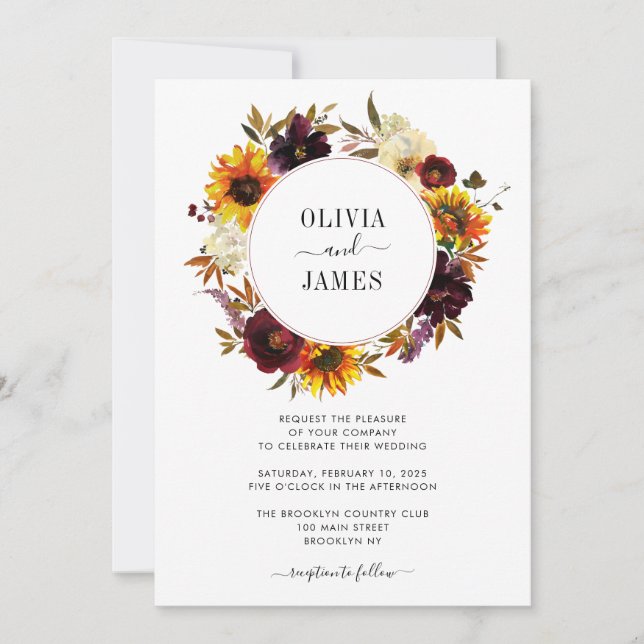 Invitation Rose de tournesol rustique Bourgogne Mariage de co (Devant)