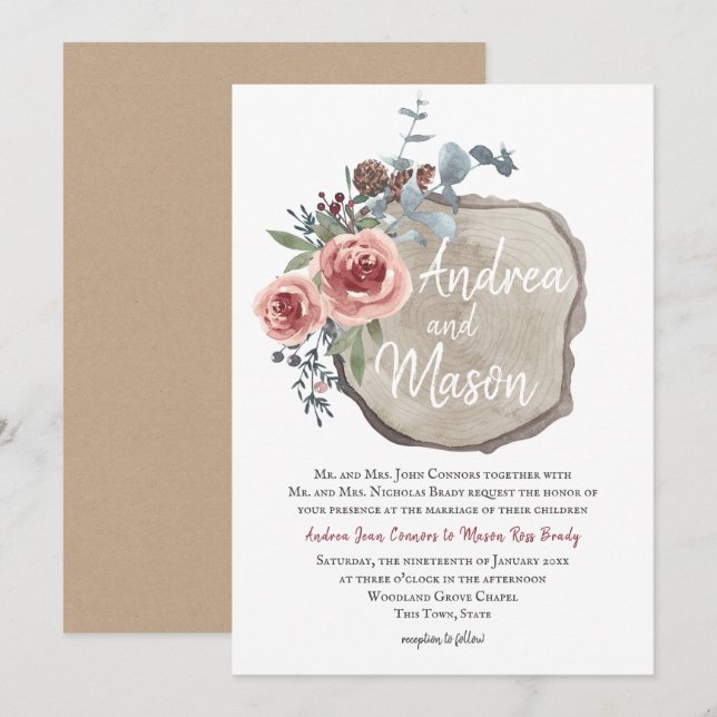 Invitation Rose de tranche de bois et Mariage d'eucalyptus (Devant / Derrière)