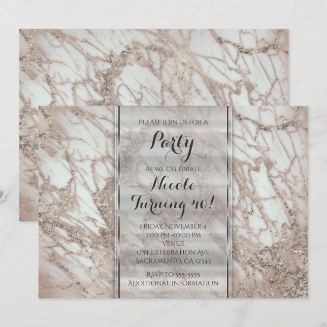 Invitation Rose de verre de marbre rose or Silver Party Invit (Devant / Derrière)
