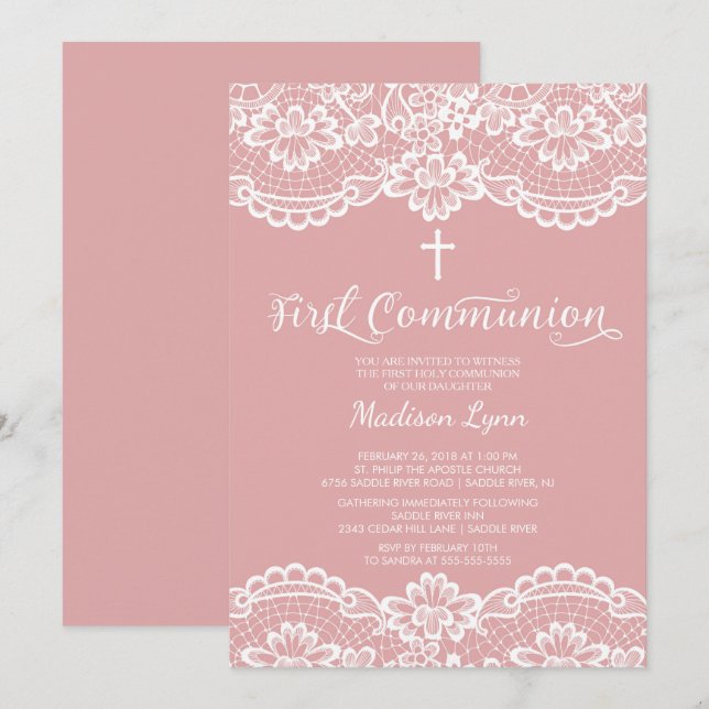 Invitation Rose Dentelle rose première communion sainte Invit (Devant / Derrière)
