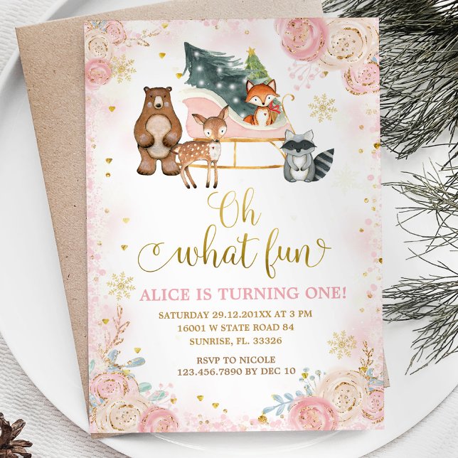 Invitation Rose d'hiver Pink Snowflakes Anniversaire Noël (Créateur téléchargé)