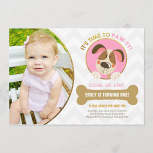 Invitation Rose d'invitation de chiot et Patte-ty d'or