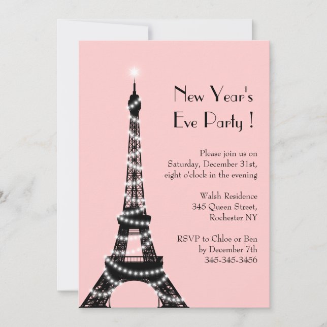 Invitation Rose d'invitation de Tour Eiffel de nouvelle année (Devant)