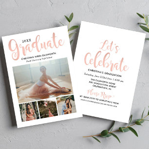 Invitation rose diplômé 2025 Gold Script Photo Collage Party