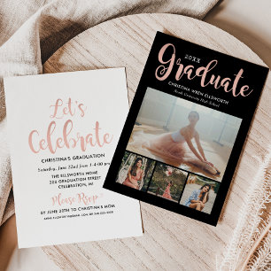 Invitation rose diplômé 2025 Gold Script Photo Collage Party