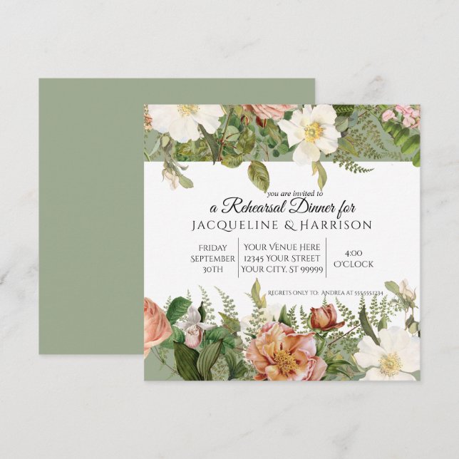 Invitation Rose d'ivoire de vert sauge du dîner | de (Devant / Derrière)