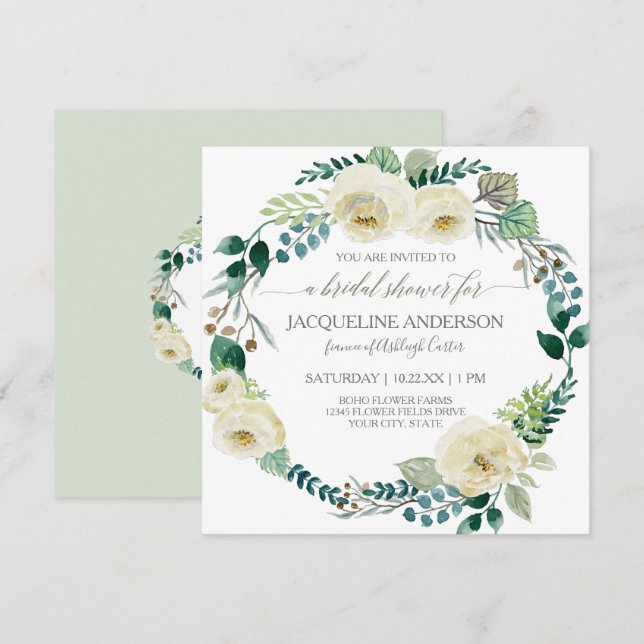 Invitation Rose d'ivoire russe Boho Wreath Mint Fête des mari (Devant / Derrière)